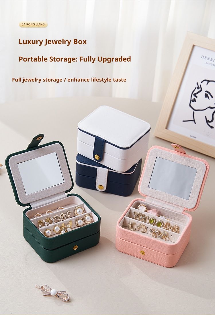 3-Layer PU Leather Jewelry Organizer Box With Mirror – Travel-Friendly Storage Case For Earrings, Rings, Necklaces (White/Pink/Green/Blue)_voghion.com