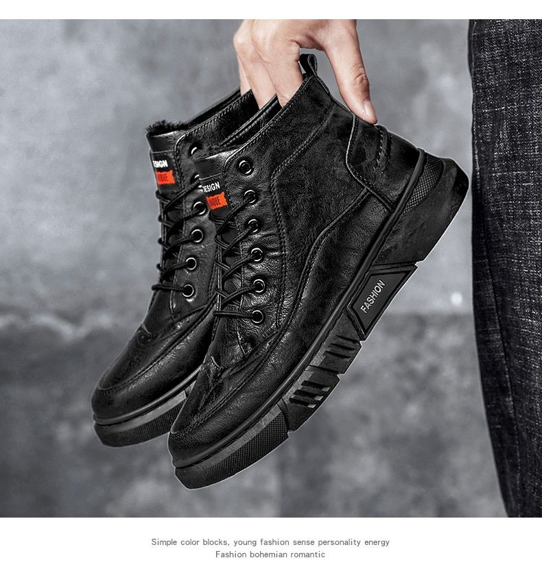 Bottes montantes chaudes Glide 2025 Hiver en coton avec doublure polaire, style business, en cuir, pour hommes._voghion.com