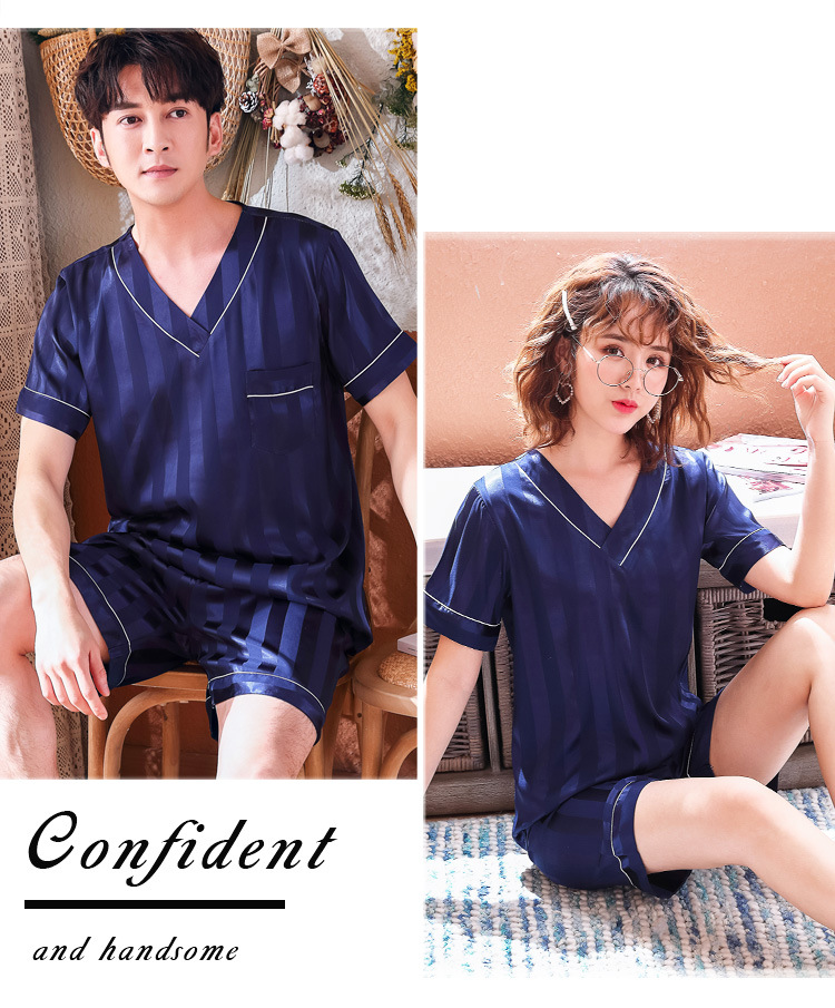Pár Loungewear Ženy Léto Hedvábí tenký Krátký rukáv Korejský Jacquard Pruhované Ledové Hedvábné Domácí oblečení Pánská dvoudílná sada_voghion.com