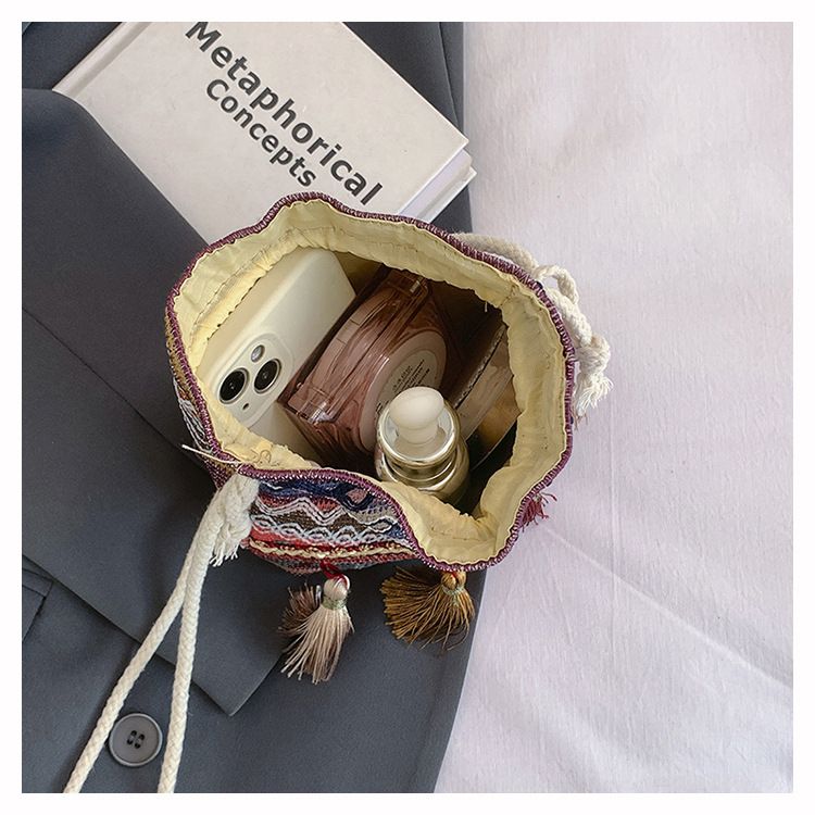 Borsa a secchiello da donna, stile etnico, borsa a tracolla con coulisse e nappa, borsa a secchiello da donna_voghion.com