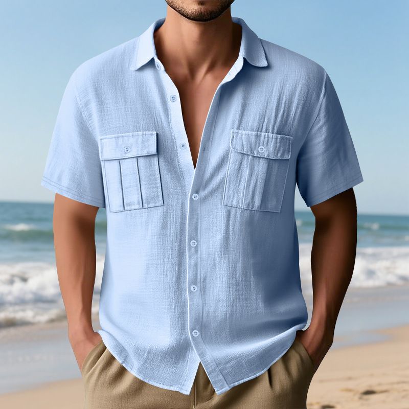 Herren Sommerhemd, amerikanisch, locker, Strand, atmungsaktiv, lässig, Leinen, mehrere Taschen, geknöpft, Arbeitskleidung, kurzärmelig_voghion.com