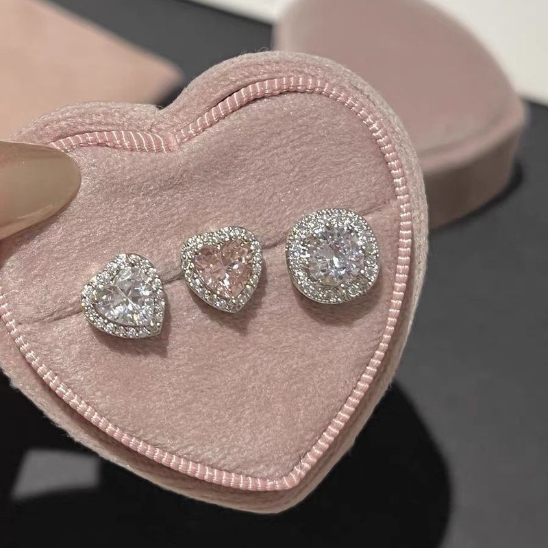 Orecchini a bottone con pallina a forma di cuore e diamanti, set da quattro pezzi, scintillanti, a strati, di nicchia giapponese e coreana._voghion.com