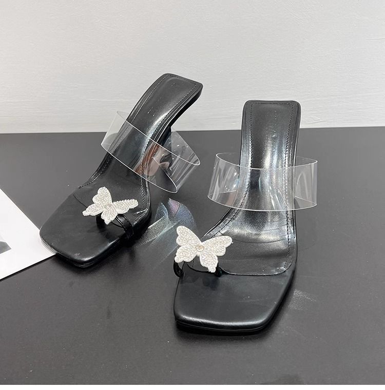 Fairy Square Toe Set With Fine Heels, Wearing Slippers For Women In Summer 2025. Water Diamond Butterfly Transparent_voghion.com