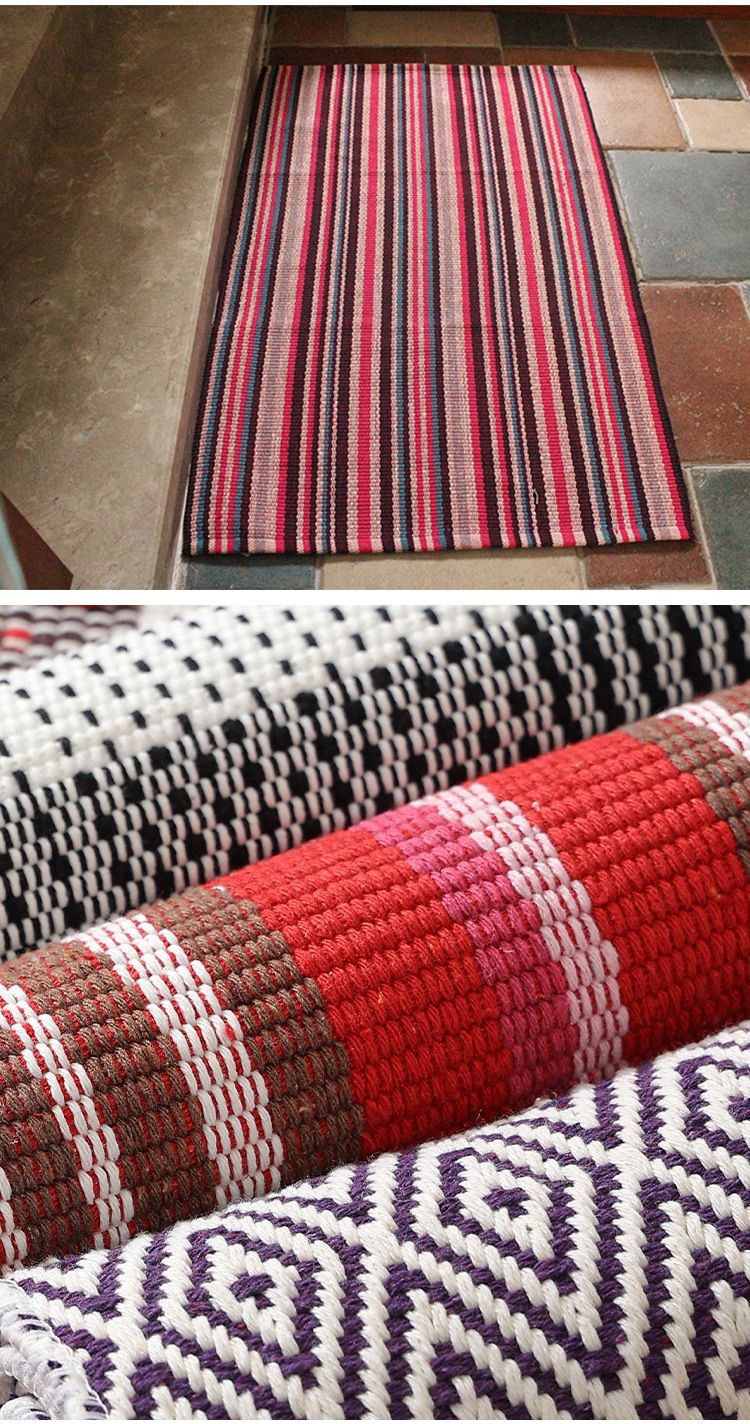 Tappeto in cotone intrecciato con filo, tappetino da pavimento, strisce colorate, griglia multicolore, traspirante, semplice, zerbino per la porta di casa_voghion.com