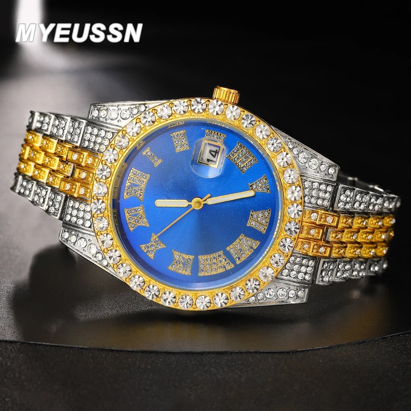 Moške diamantne bleščeče kvarčne ure Nakit Modna ročna ura zlate barve Ura Hip Hop Moške ure Darilo_voghion.com