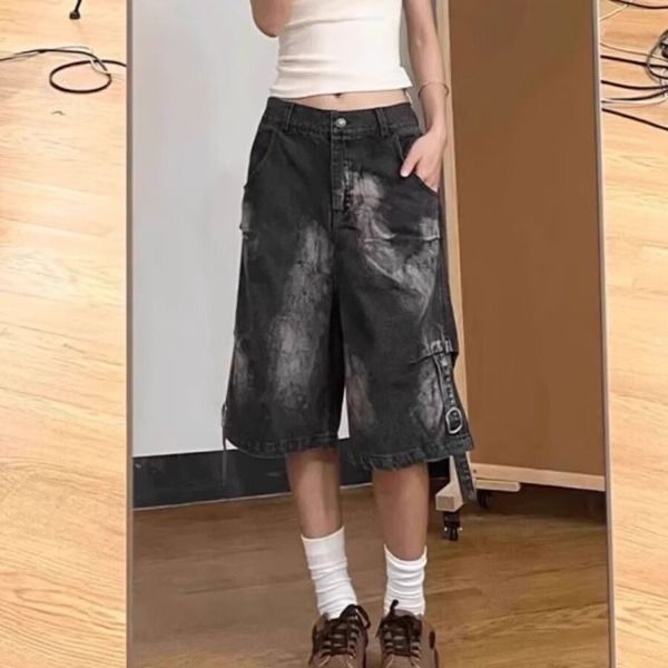Tie-Dye Denim Men Summer American Style Loose Five-Point Pants High Street Elastic Waist Casual Mid-Length Shorts_voghion.com