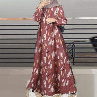 Abbigliamento da donna Elegante abito a maniche lunghe con stampa floreale per donna musulmana - Abito lungo a trapezio modesto con scollo rotondo e maniche a sbuffo - Disponibile_voghion.com