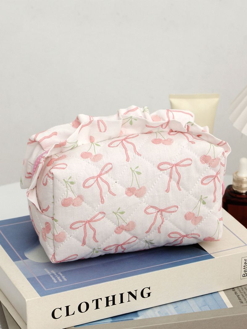 Bow Cherry Kosmetiktasche aus Stoff, große Kapazität, gesteppt, Aufbewahrungstasche für Hautpflegeprodukte, tragbare Reisetasche_voghion.com
