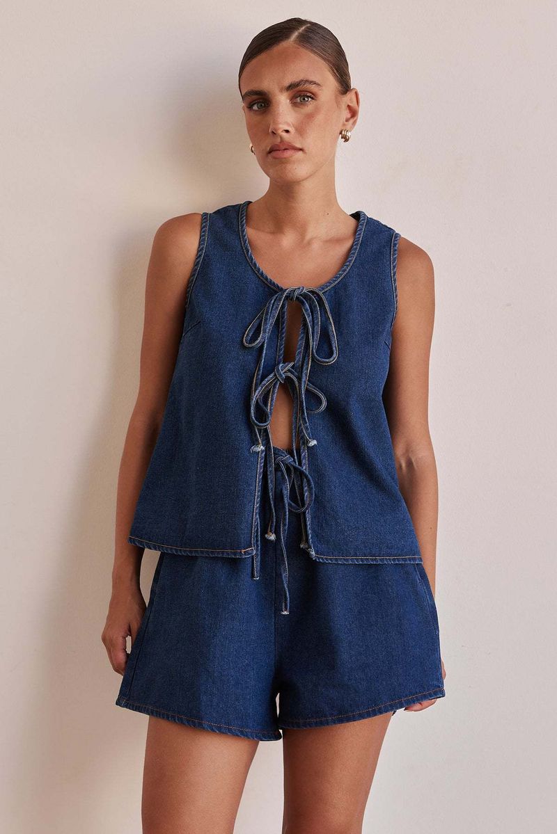 Women's Clothing Summer Fashion Casual Sleeveless Lace Up High Waist Women's Vest Denim Suit Shorts Women_voghion.com