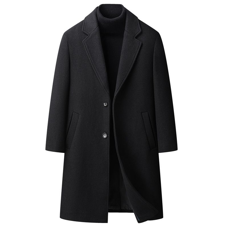 Men's Korean-Style Wool Blend Overcoat – Relaxed Fit Mid-Length Trench Coat With Notched Lapel & Side Pockets (S-4XL, Black/Navy)_voghion.com