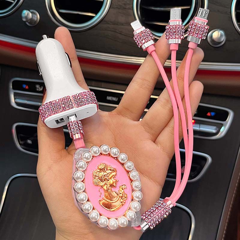 Cargador de coche con dos cables, modelo de diosa de Internet de alta gama para coches, cable de datos tres en uno, súper rápido_voghion.com