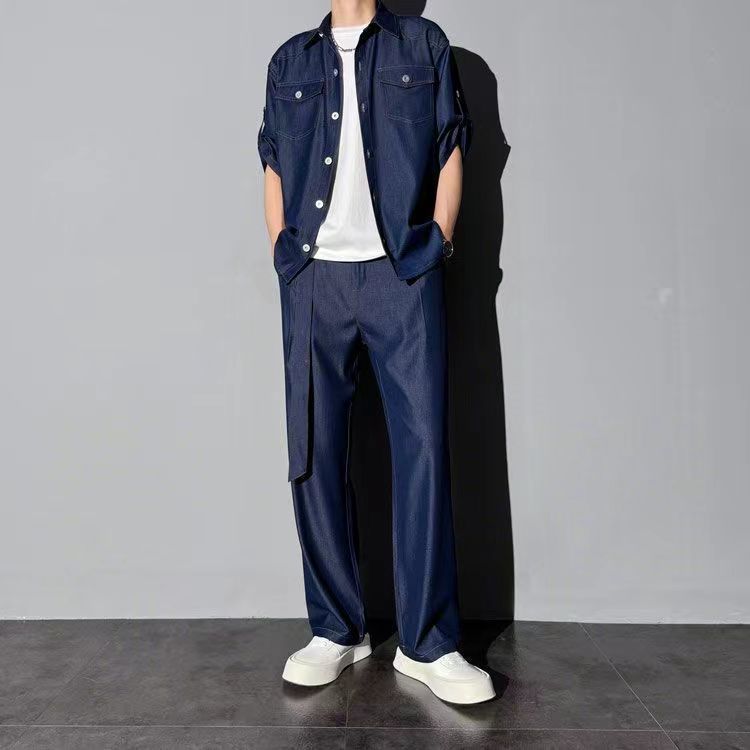 Men's Clothing Denim Shirt Suit Men's Five Point Sleeves Fashionable And Casual Loose Trendy Two Piece Suit_voghion.com
