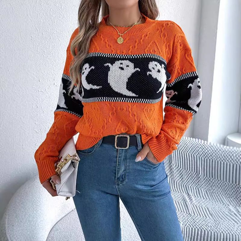Halloween-themed Ghost Contrasting Long-sleeved Pullover, Women's Clothing_voghion.com