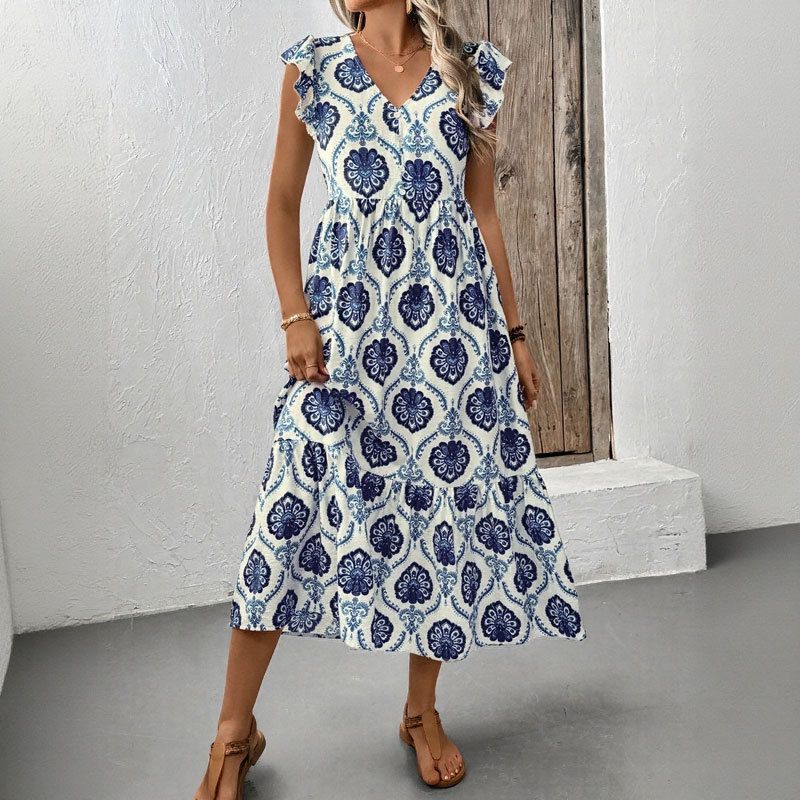 New European Cross-Border Retro Style Geometric Print Ruffle Sleeveless Dress With Unique Design_voghion.com