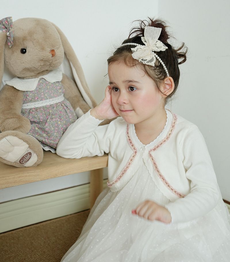 Cardigan élégant en tricot d'inspiration victorienne pour mère et enfant, avec bordure en dentelle, léger et doux, en mélange de coton (blanc-rose/blanc-noir/violet-rose)_voghion.com