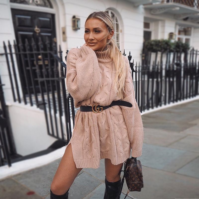 Women's loose turtleneck long sleeve twist knit sweater dress_voghion.com