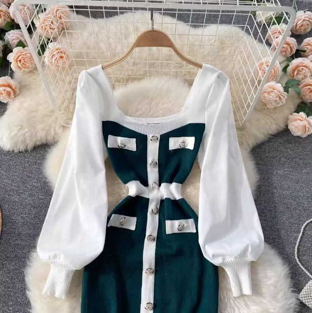 Abito da donna con colletto quadrato, bottoni, colore a contrasto, in maglia, vita sottile, manica a lanterna, fondo, fianchi, gonna_voghion.com