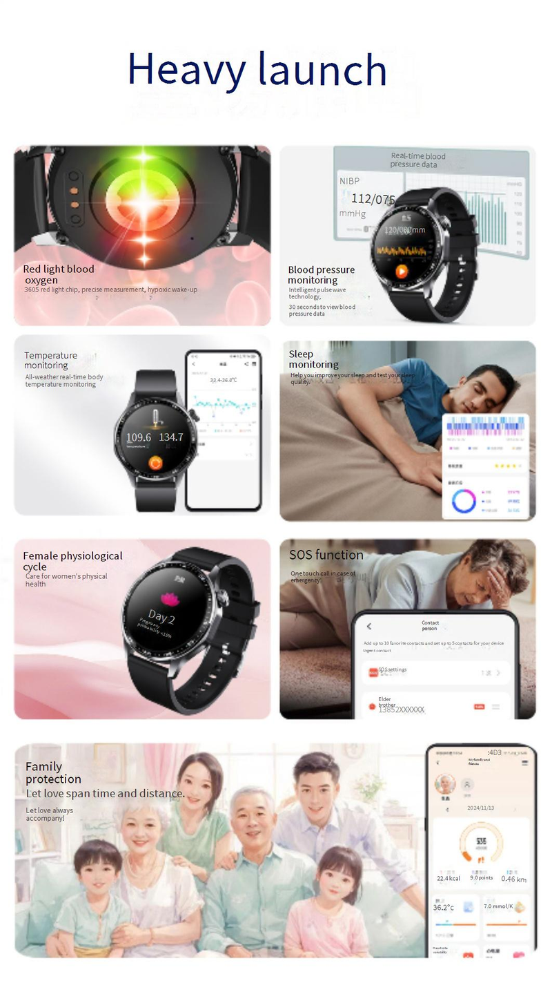 Relojes inteligentes Reloj deportivo Correr Frecuencia cardíaca Ritmo Sueño Monitoreo de oxígeno en sangre Pulsera de alarma Meita Calorie SOS_voghion.com