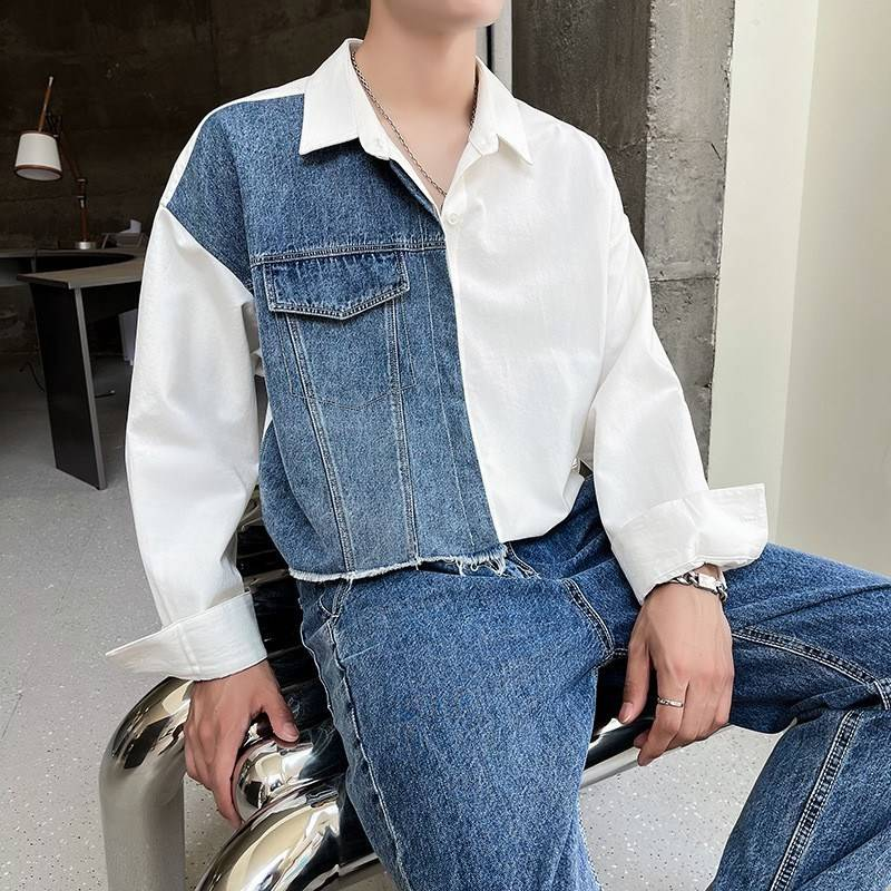 Herrenbekleidung Frühling und Herbst Neues Langarmhemd Lässiges lockeres kleines Design Kontrastfarbe Splicing Jeanshemd_voghion.com