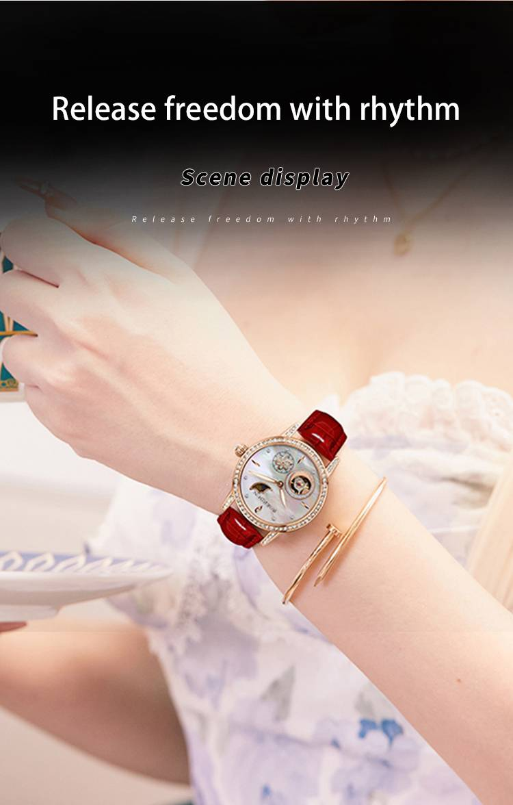 ROERDUM Camellia Collection - Mother-of-Pearl Dial Skeleton Mechanical Watch With Leather Strap, Fashionable Women's Casual Timepiece_voghion.com