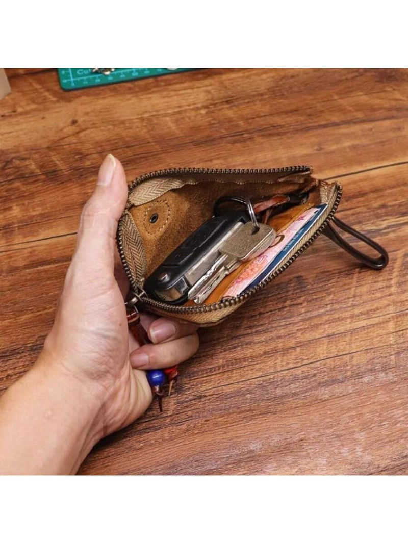 Borsa portachiavi in pelle conciata al vegetale di primo strato, realizzata a mano, in pelle di mucca lavata ad acqua vintage, in stile retrò, con cerniera_voghion.com