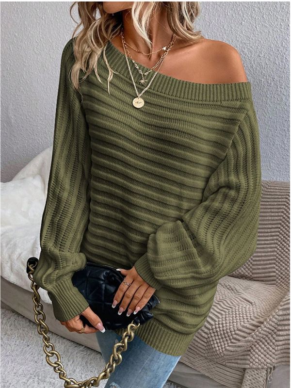 Women's Ribbed Knit Sweater Long Sleeve Crewneck Pullover Casual Solid Color Top One Shoulder Horizontal Stripe Pullover Knit Top Solid Color_voghion.com