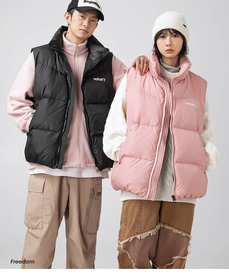 Colete masculino com gola alta e enchimento de plumas - Jaqueta acolchoada reversível sem mangas para inverno com estampa retrô para estilo urbano_voghion.com