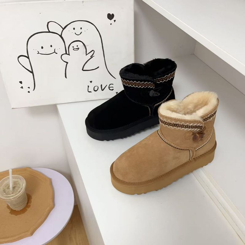 Winter New Short Boots Cowhide Snow Boots Women's Shoes Cow Horn Button Embroidery Thick Sole Warm And Non Slip Thick Snow Boots_voghion.com