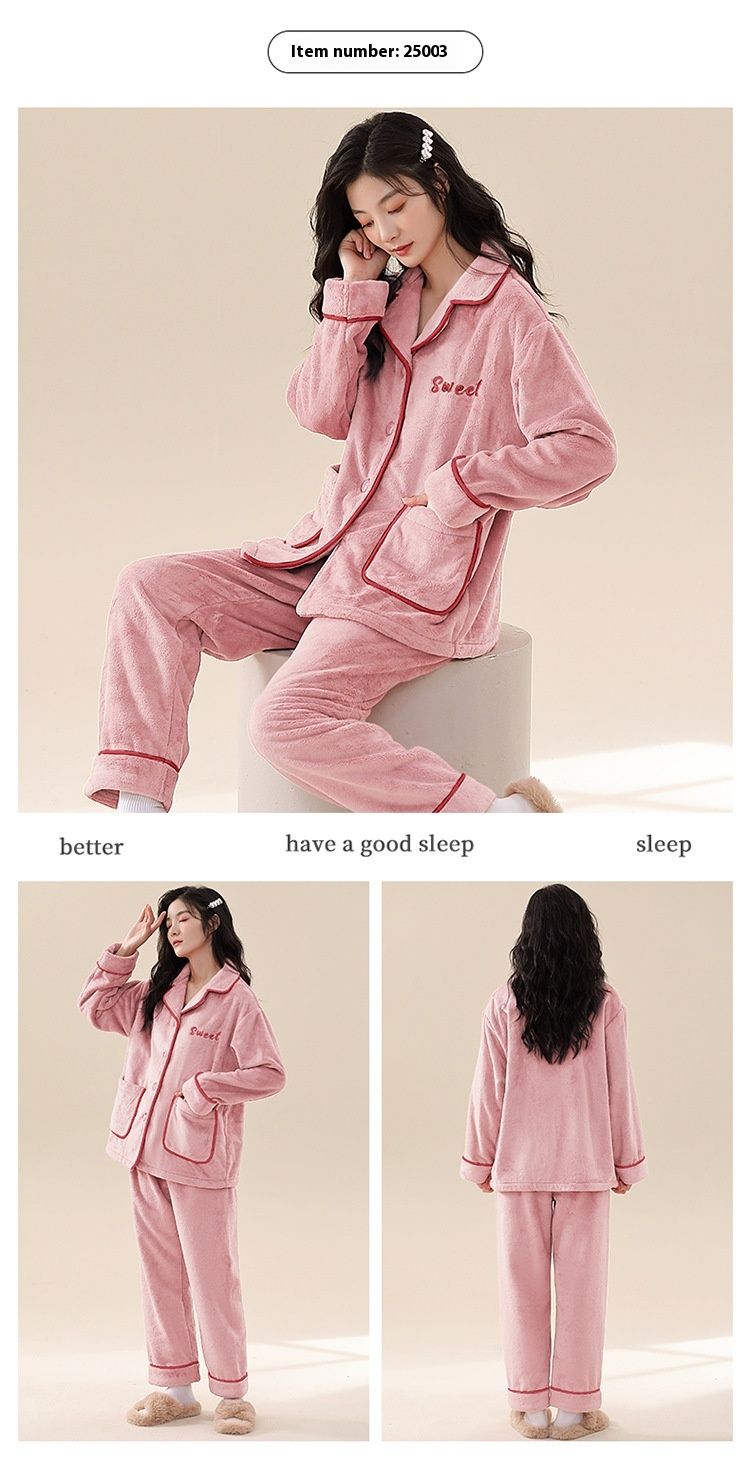 Damvinterpyjamas med förtjockad korallfleece 2024 nya flanellvarma hemkläder för vår och höst_voghion.com