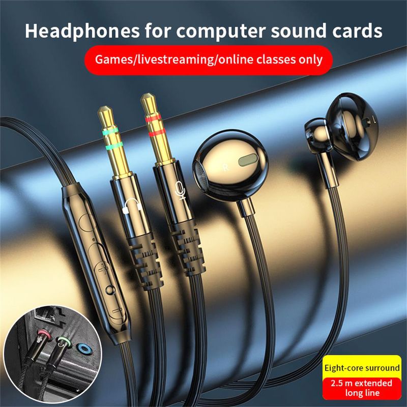 Cuffie auricolari con cavo lungo 2,5 m, cuffie cablate da 3,5 mm per scheda audio del computer desktop, microfono vocale a doppia spina, cuffie in-ear_voghion.com