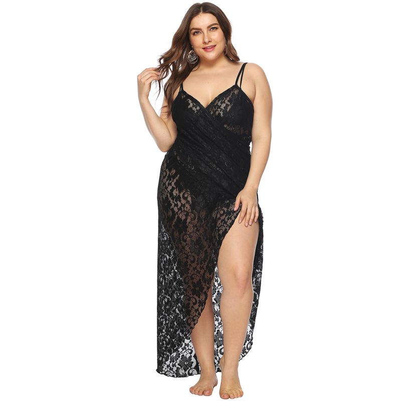 Plus größe frauen kleidung sexy sehen-durch spitze unregelmäßigen multi-funktion strappy strand kleid_voghion.com