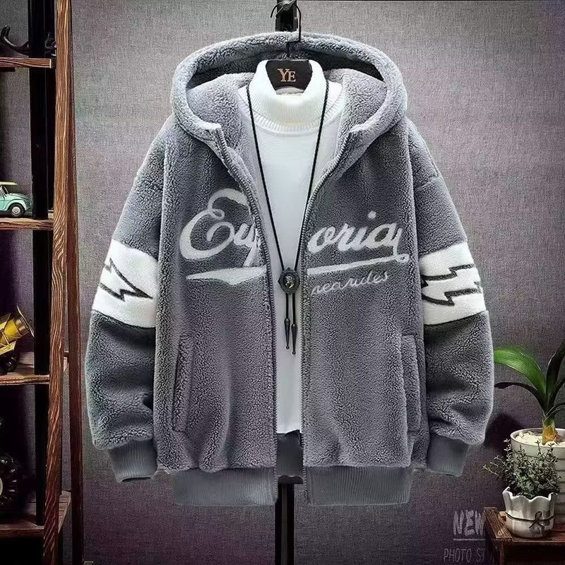 Lammwolle Mantel Herren Trend mit Hut große Größe Herbst und Winter gepolsterte Jacke lose lässige warme Paar gepolsterte Jacke_voghion.com