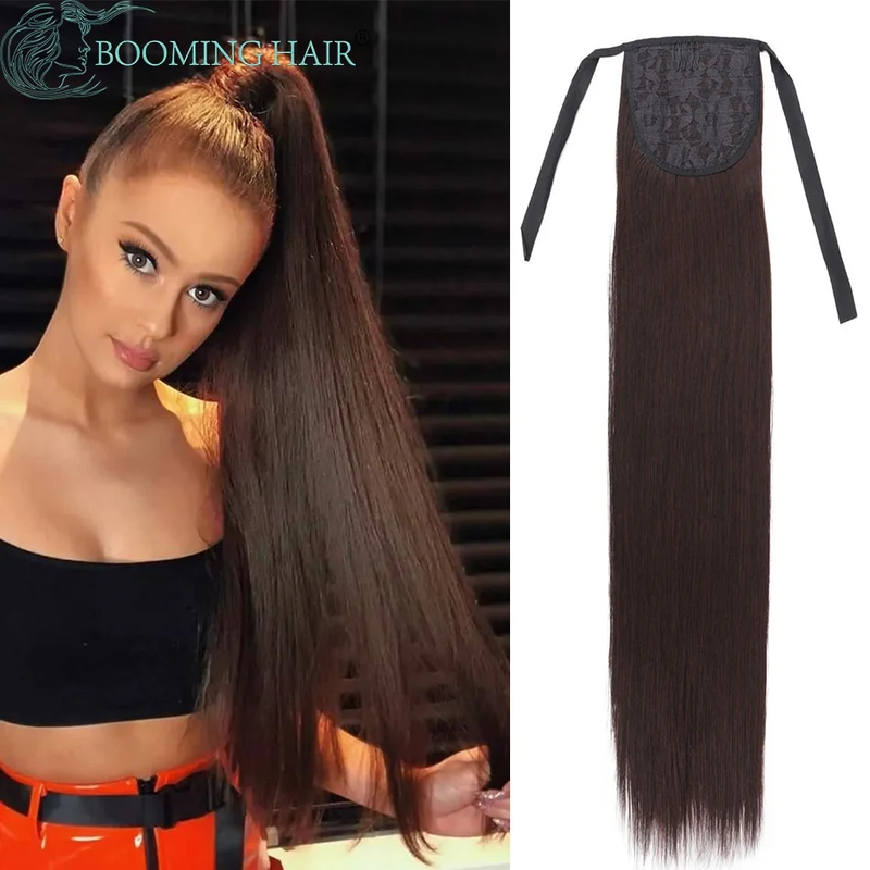 Extensions synthétiques queue de cheval longues et lisses, postiche naturelle résistante à la chaleur de 32 pouces avec Clip pour femmes_voghion.com