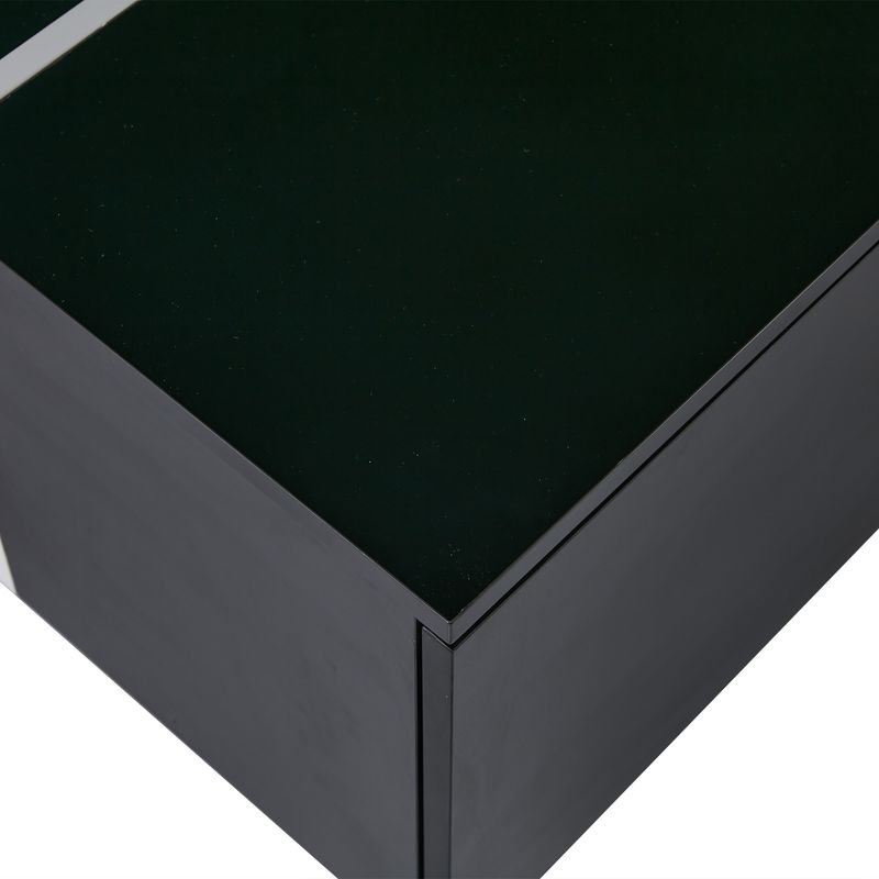 Table basse carrée noire moderne 100 x 60 x 40 cm, finition patchwork brillante, 4 tiroirs et plateau coulissant, supporte jusqu'à 30 kg._voghion.com