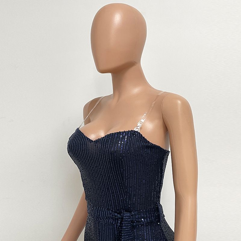 Dametøj Ærmeløs pailletterbæltejumpsuit ensfarvet tubetop rygløs jumpsuit_voghion.com