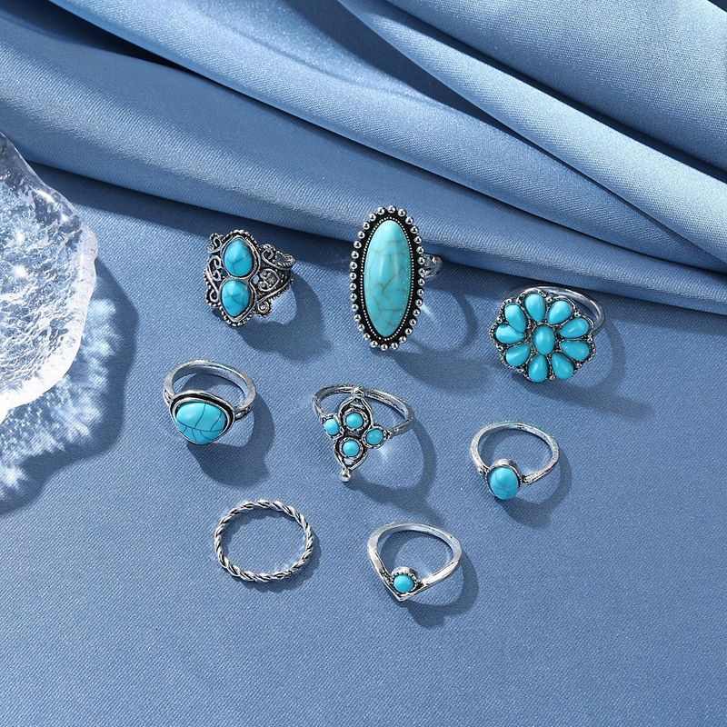 Bohemian Turquoise Flower Fried Dough Twists 8-piece Set Ring Jewelry_voghion.com