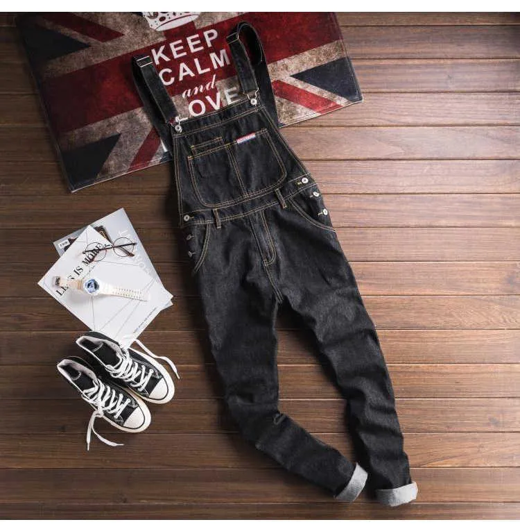 Sokotoo Herr slim patch ficka denim haklappsoverall Casual svarta hängslen jumpsuits Jeans T221102_voghion.com