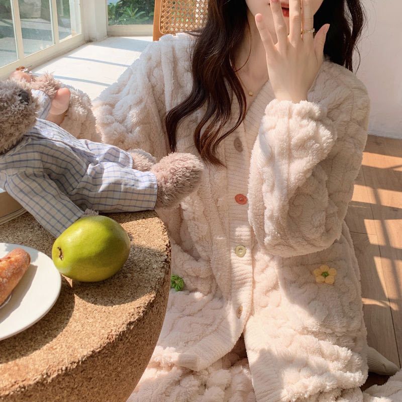 Herbst und Winter New Shu Cotton Lint Thickened Cardigan Pyjamas Loungewear Set_voghion.com