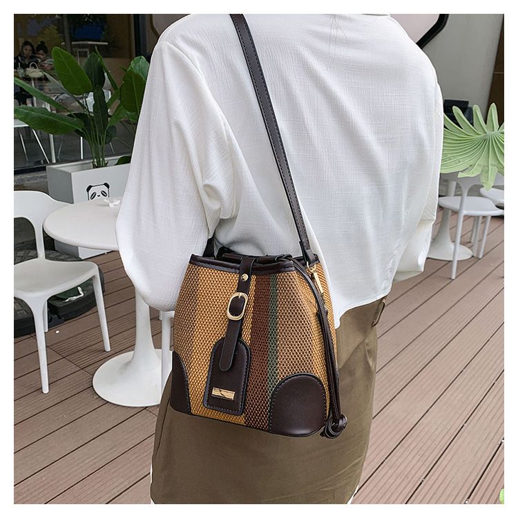 Sacs seau pour femmes, sac seau portable à rayures de couleur contrastée, sac à bandoulière tendance pour femmes_voghion.com