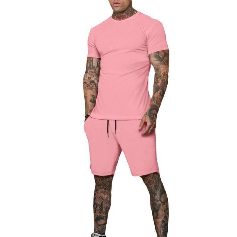 CT Hot Selling Solid Color T-Shirt + Five-Point Men's Summer Short Sleeve Shorts Set Breathable Style_voghion.com