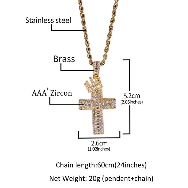 Collana con ciondolo a croce con corona completa per uomo, in rame con zirconi intarsiati, stile hip hop punk, alla moda_voghion.com