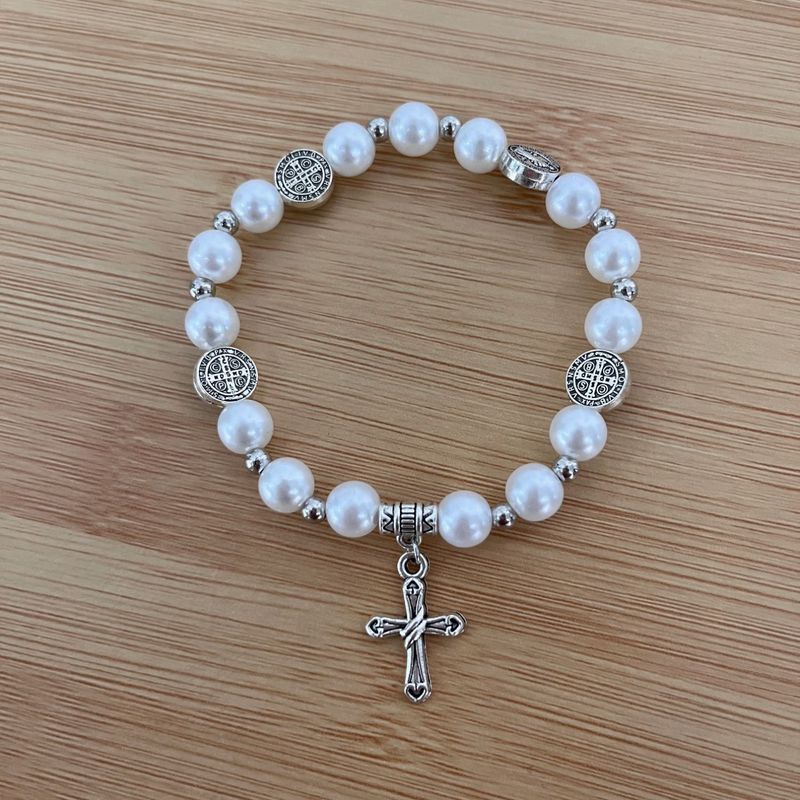 Artificial Pearl Cross Handmade Elastic Beaded Bracelet Jewelry Gift_voghion.com