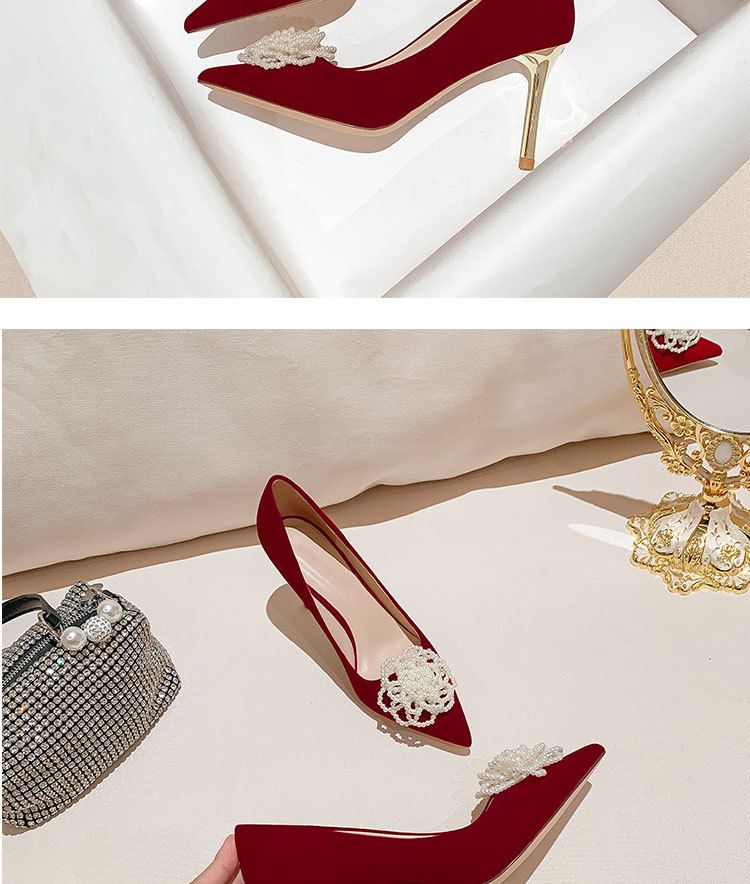 Flower Pearl High Heeled Single Shoes Summer Slim French Wedding Women's Shoes_voghion.com