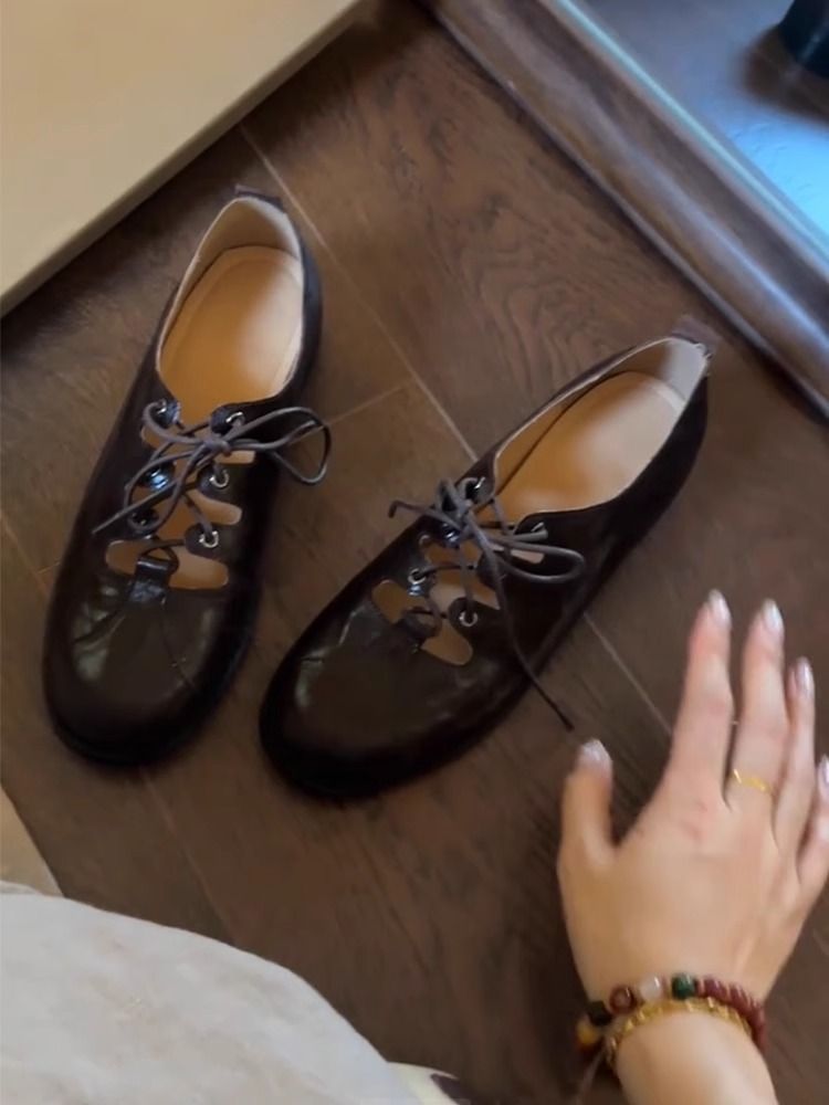 Lancui Damen Mary Jane Flache Schuhe mit flachem Mund und Schnürung im britischen Stil mit niedrigem Absatz und runder Zehenpartie_voghion.com