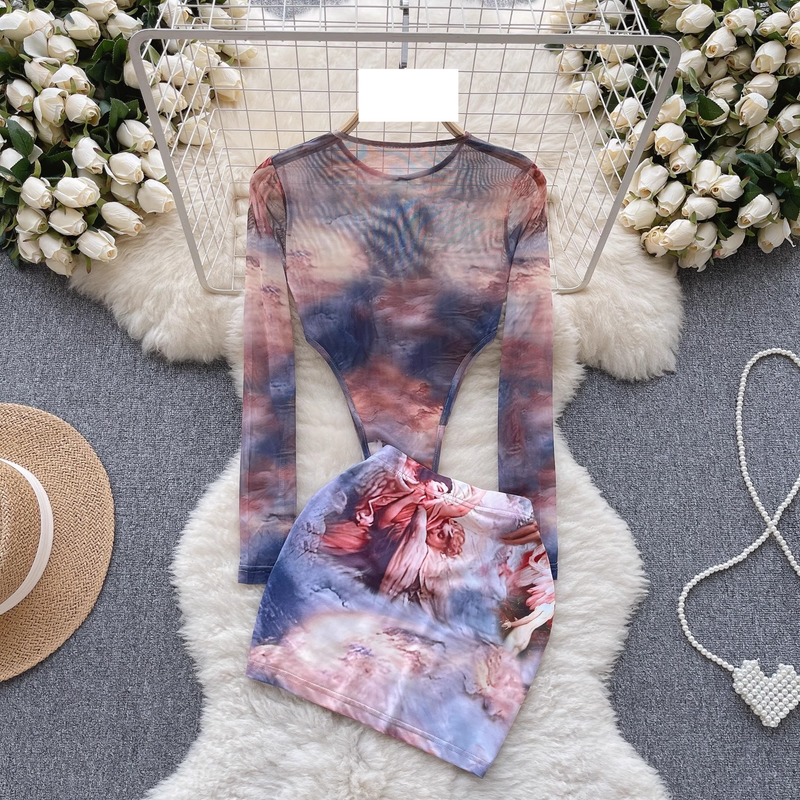 Women's Pure Desire Style Tight Chiffon Long-sleeved Jumpsuit + High Waist Hip Hot Girl Short Skirt Two-piece Suit Female Summer_voghion.com