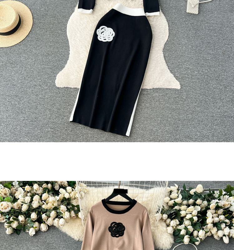 Zweiteiliger Anzug für Damen mit kontrastierendem Farbdesign, Rundhalsausschnitt, lockerem Langarm-T-Shirt und hoch tailliertem, schmalem, mittellangem Rock_voghion.com