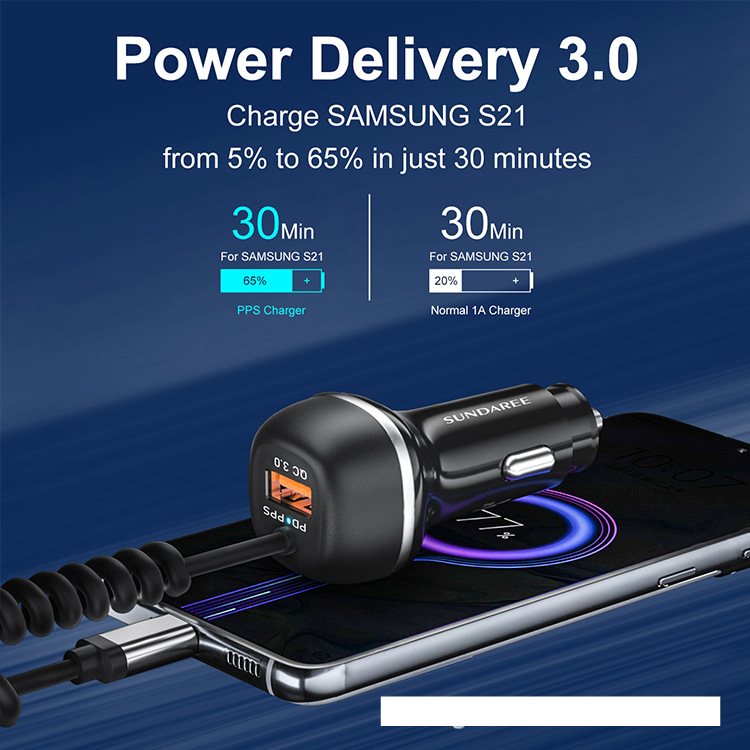Auto punjač PD+QC brzo punjenje 1,8 m opružni teleskopski kabel za auto super brzo punjenje glava za punjenje automobila veleprodaja prilagodba_voghion.com