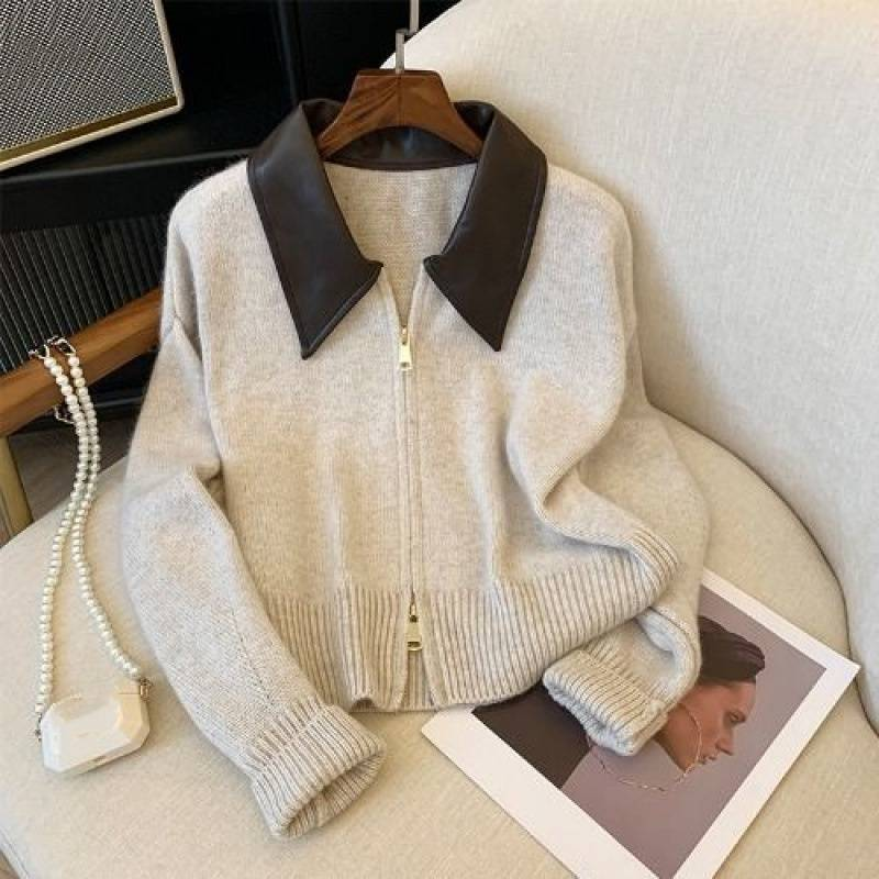 Damenbekleidung Herbst und Winter Neue Fat Mm Retro Reißverschluss Pullover Strickjacke Damen Schlanke Hose mit weitem Bein Bedecken Fleischanzug_voghion.com