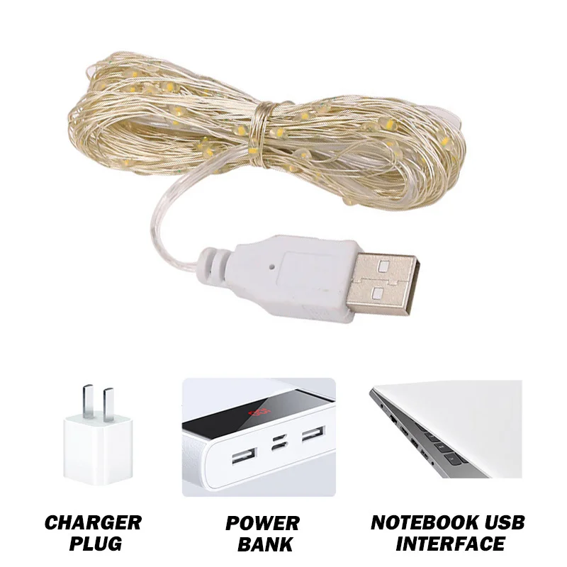 Cadena de luces LED de alambre de cobre, luces USB de colores con cable de cobre, luces decorativas navideñas, luces de ambiente con estrellas._voghion.com