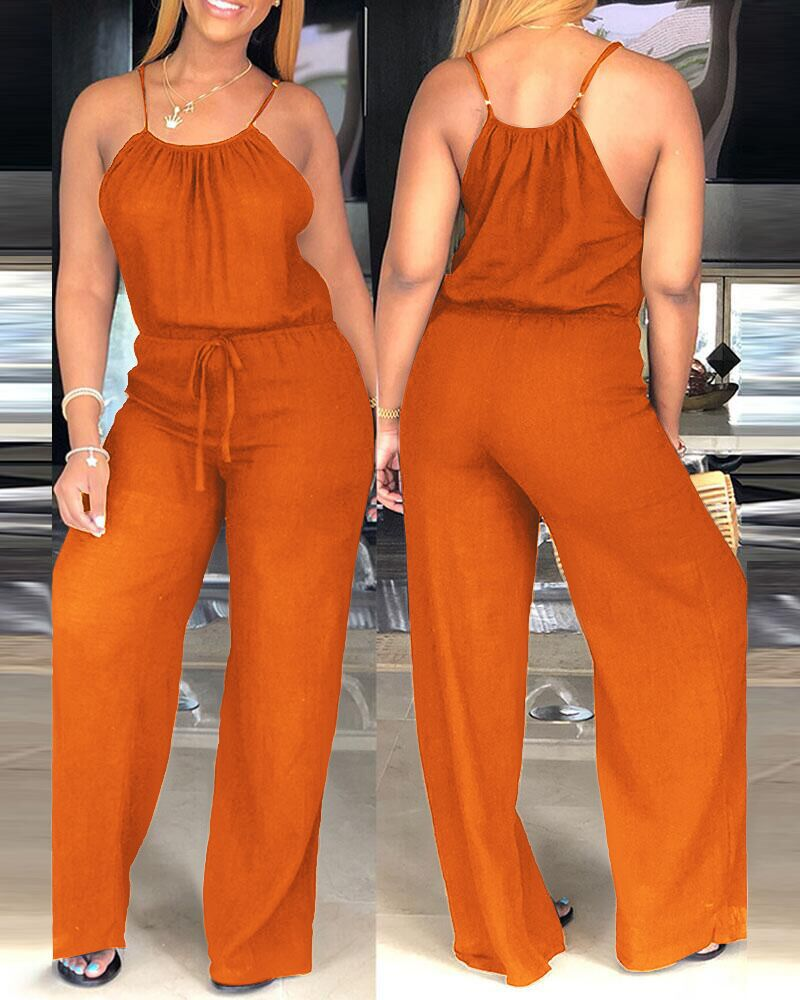 Women's Clothing New Summer Sleeveless Solid Color Cotton And Linen Drawstring Casual Jumpsuit_voghion.com